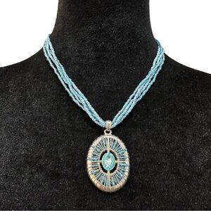 Blue Beaded Necklace With Silver Wire Wrapped Oval Pendant & Adjustable Chain